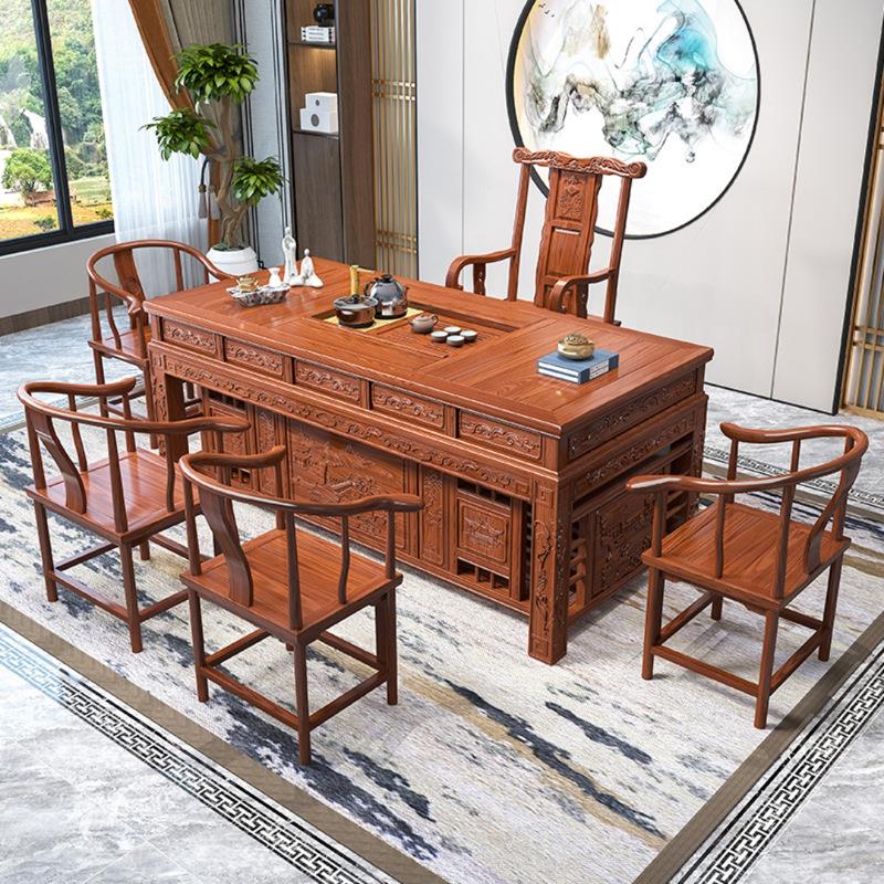 乌金石茶桌椅组合新中式实木功夫茶台榆木办公桌家用阳台茶几茶具