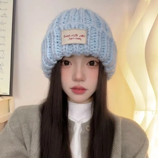 大头围蓝色针织帽大头毛线洋气好看的帽子女显脸小冬天毛线帽女士