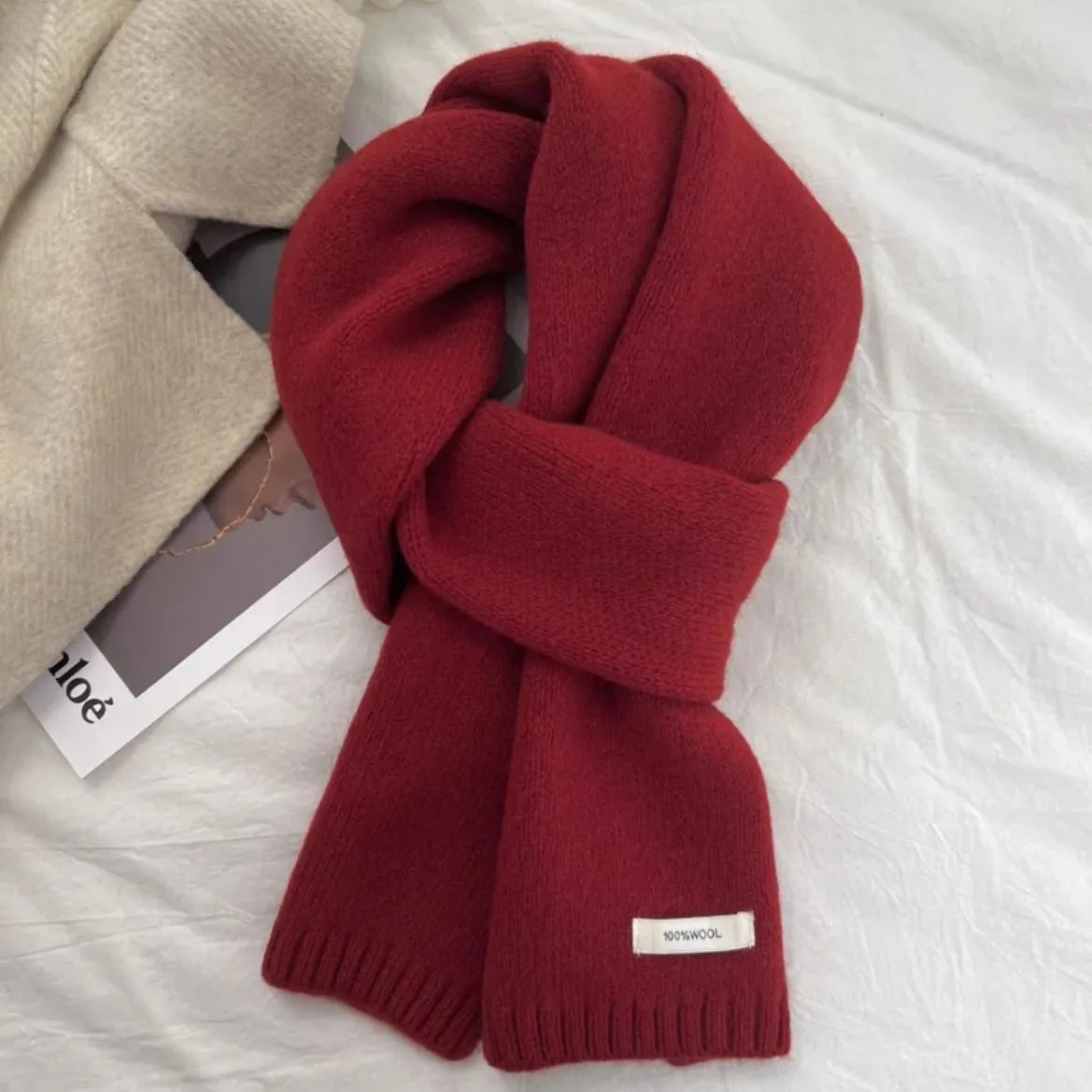 红色围巾~精选驼色米色保暖针织围巾百搭男女围脖简约厚实