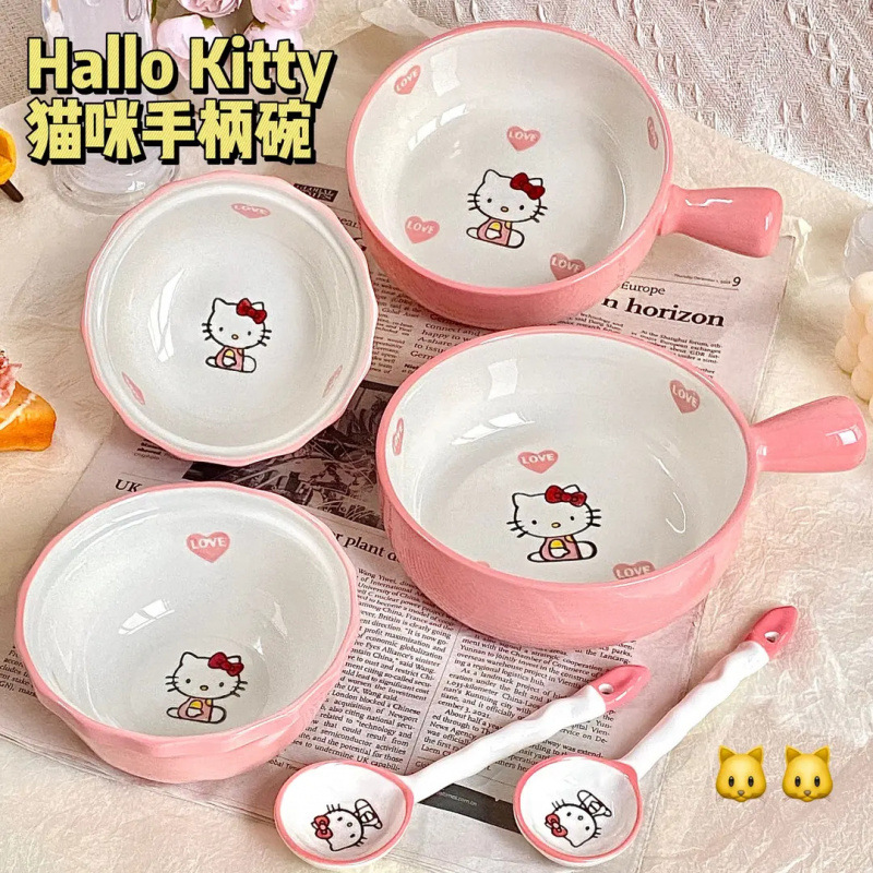 Hello手柄碗一人食四件套陶瓷餐具可爱饭碗宿舍家用w