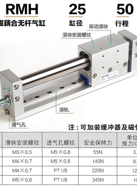 16LB无杆气缸带导轨RMH10X20X25X50X100X150X200X250X300SA