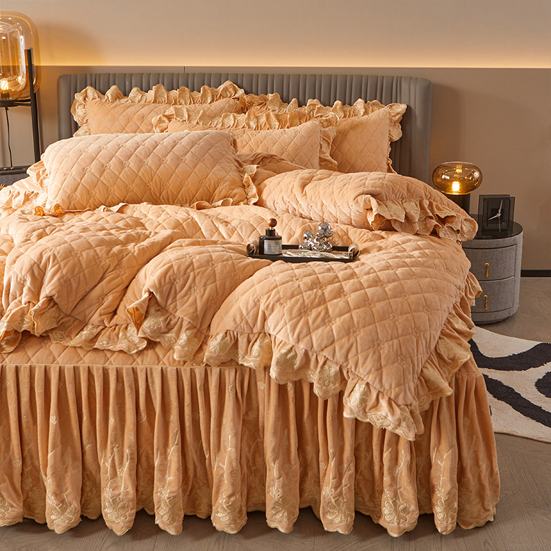 2025冬季宝宝绒床裙四件套刺绣床罩夹棉加厚床套双人被套婚庆红色