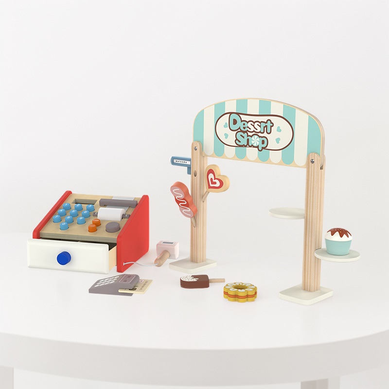 儿童木质仿真收银机甜品商店过家家玩具甜点饼干棒冰收银台售卖店