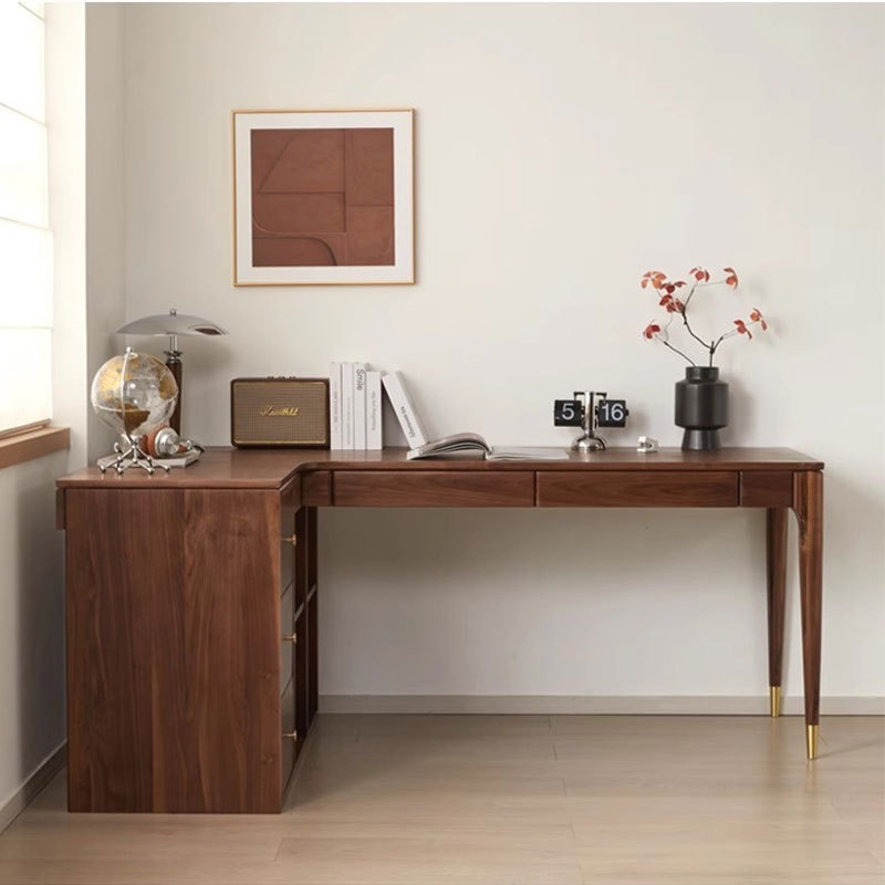 黑胡桃木转角书桌全实木L型靠墙书桌柜一体小户型家用办公学习桌