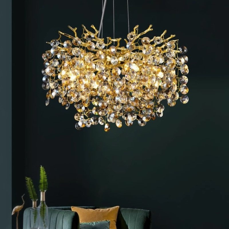 轻奢灯具简约大气法式豪华复式楼美式铝材树枝圆形客厅水晶吊灯