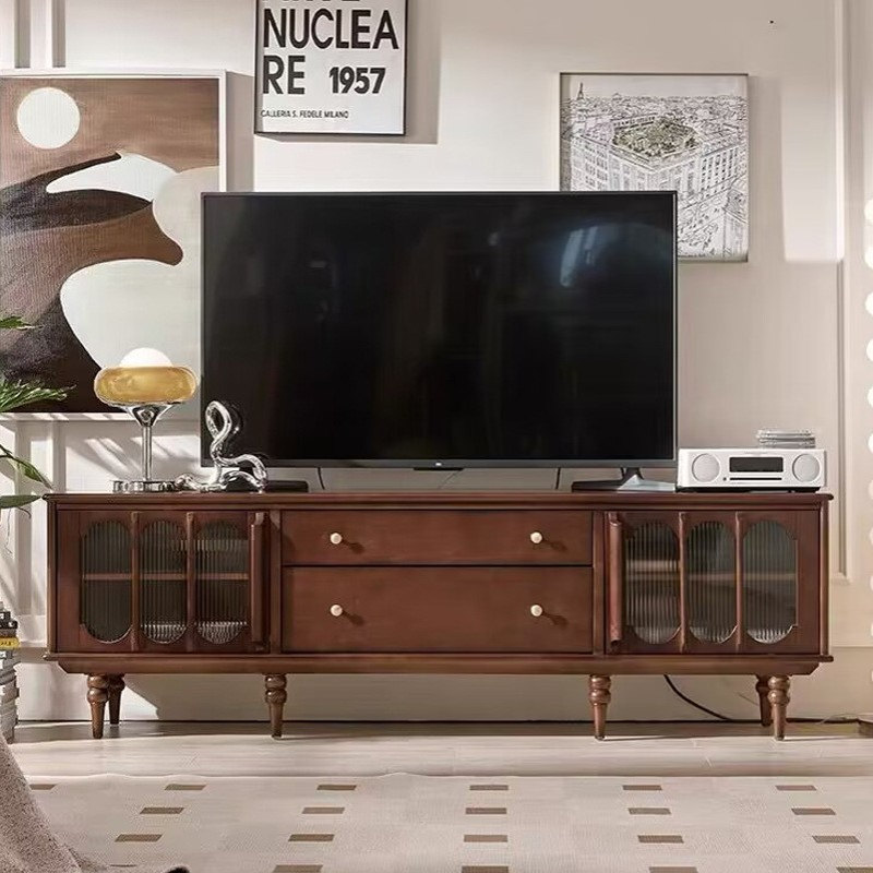 法式轻奢实木电视柜高级感复古胡桃色地柜现代简约客厅收纳储物柜