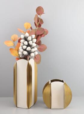 新中式创意艺术金属皮革花器摆件样板房酒店家居客厅创意软装饰品