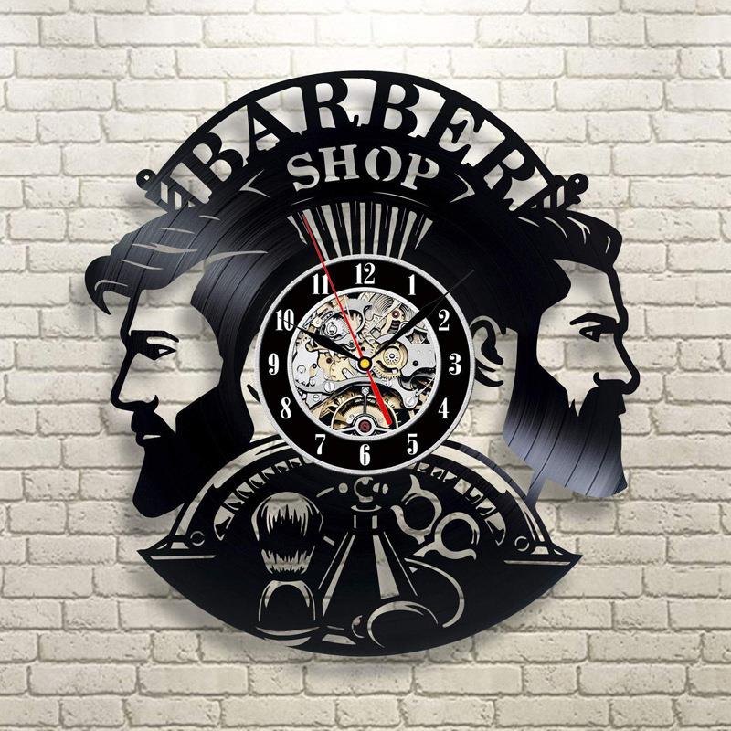 时尚黑胶时钟理发师barber洗剪吹唱片挂钟美发店装饰挂表石英钟