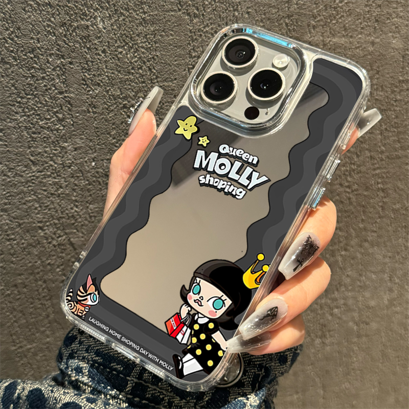镜面molly适用iphone15/16promax茉莉手机壳带镜子14plus新款小众女款苹果12/13pro华为pura70潮玩周边mate60