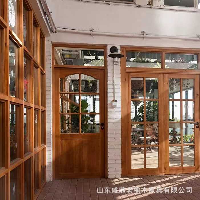 老榆木门窗折叠推拉窗酒店民宿上翻床原木复古玻璃门卧室单开门