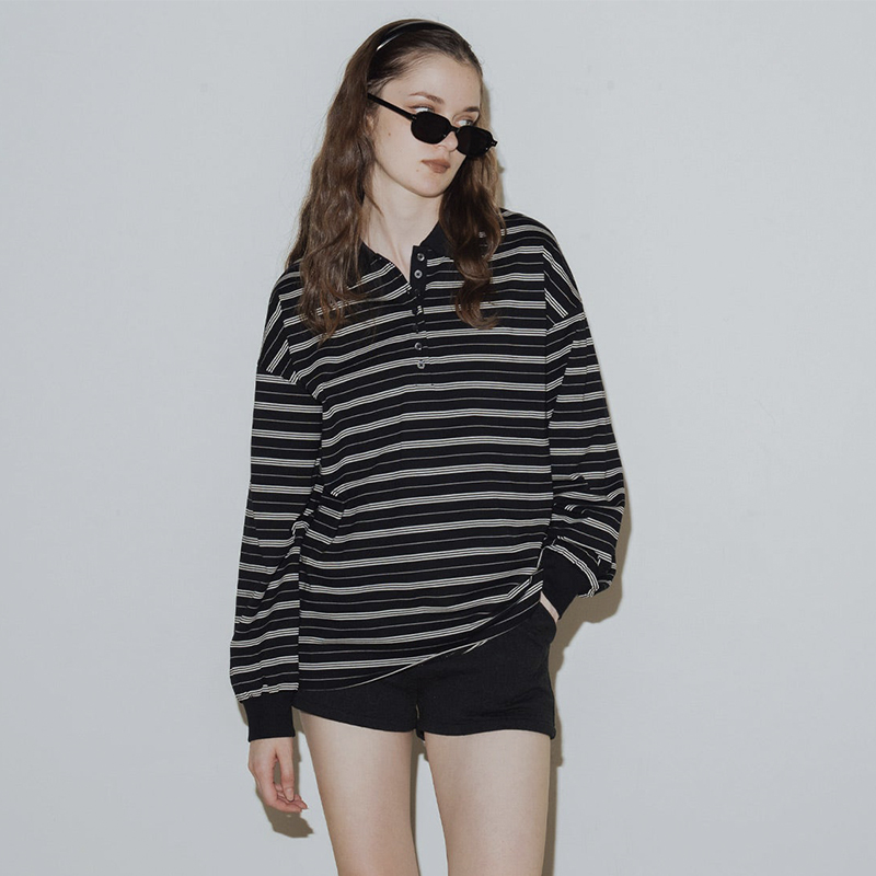 CUYTR新款条纹polo衫潮牌宽松休闲百搭长袖上衣