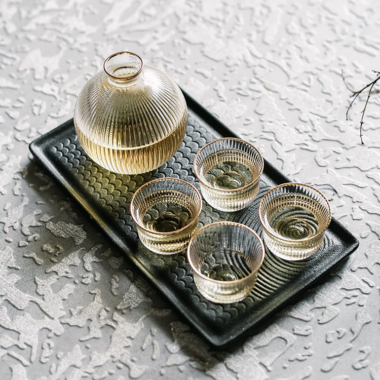绿典 日式竖条纹透明金边玻璃清酒具套装一壶四杯 清酒壶分酒器