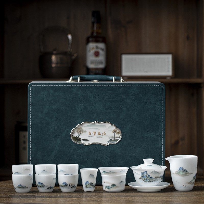 白哲玉泥手绘山水盖碗茶杯家用高档陶瓷三才泡茶碗白瓷茶具套装