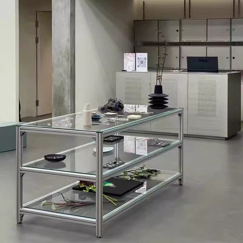 简约铝合金服装店中岛柜展示台多层货架产品展示桌玻璃展示柜橱柜