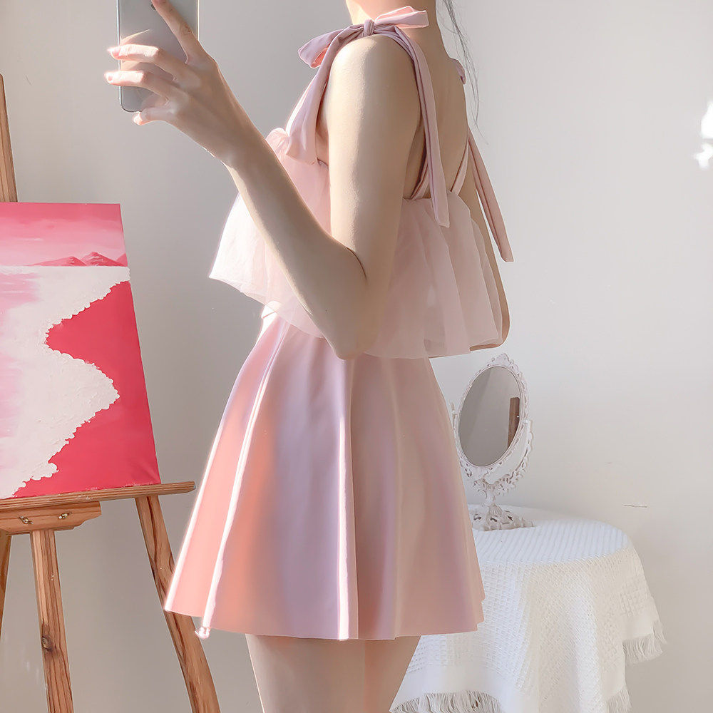 夏语微琪【樱】甜美粉纱小礼服裙式显瘦遮肚小胸保守少女连体泳衣