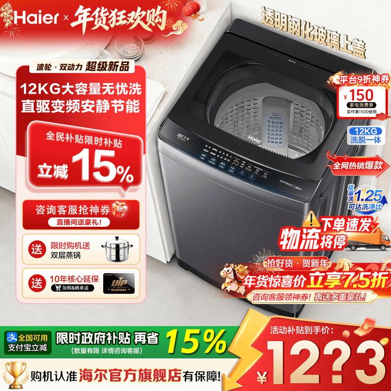 海尔洗衣机家用波轮全自动12公斤超大容量直驱变频除菌旗舰店20D1