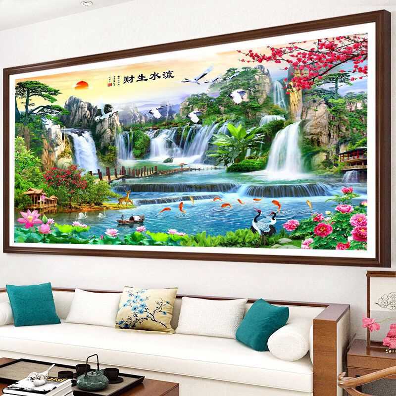 2025新款钻石画满钻客厅十字绣流水生财钻石绣迎客松山水画贴钻绣