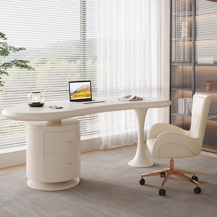 奶油实木学生家用书桌小户型现代简约轻奢收纳置物架办公桌电脑桌