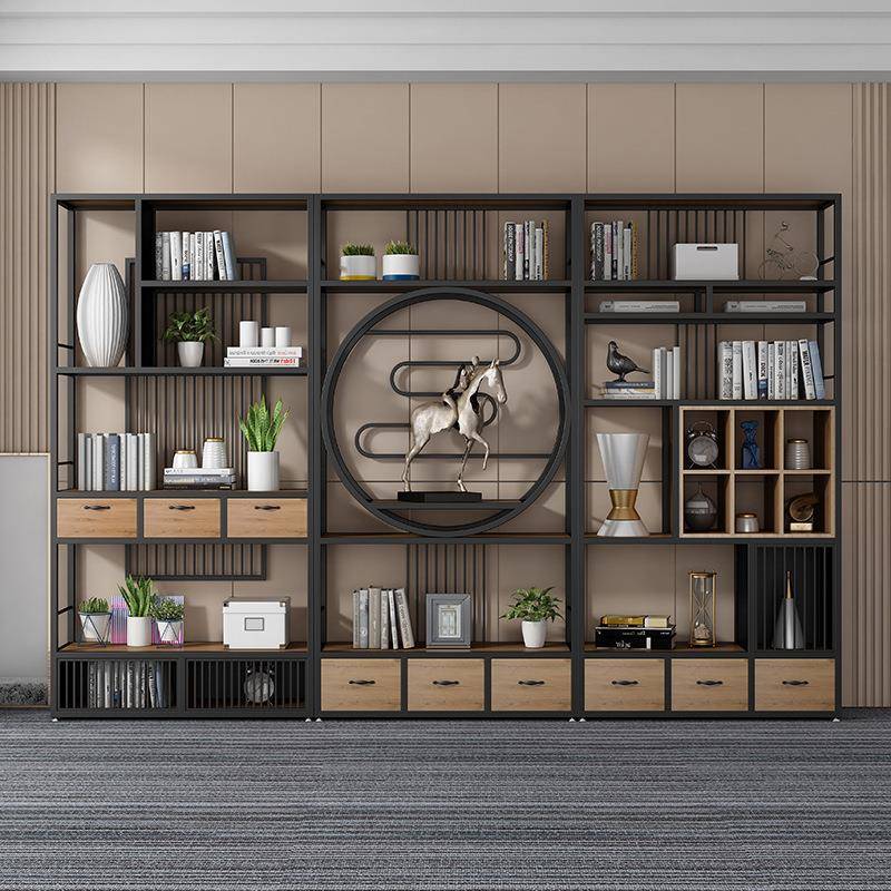 新中式铁艺博古架书架隔断柜工业风书架办公室茶室多层实木置物架