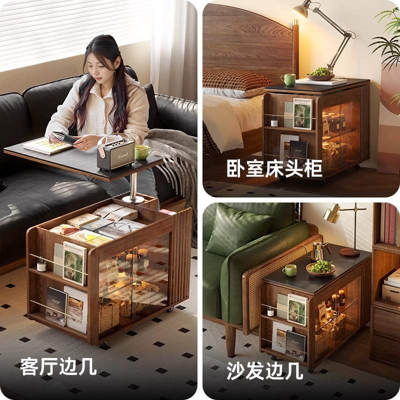 北欧实木升降茶几可移动小推车沙发客厅茶几多功能茶水柜储物边柜