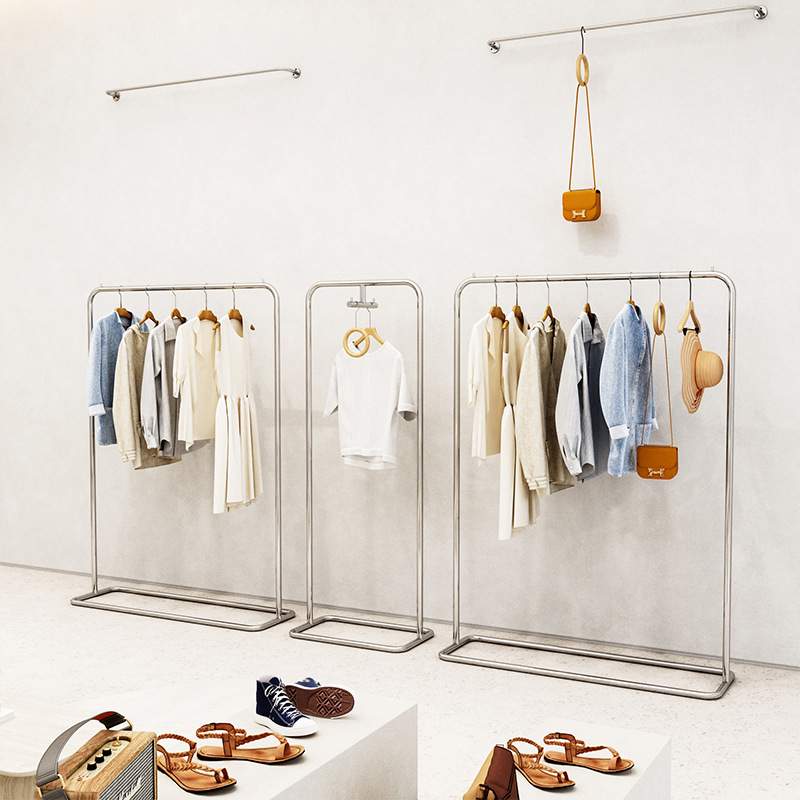服装店展示架不锈钢陈列道具男女童装店移动拉丝落地式货架挂衣架