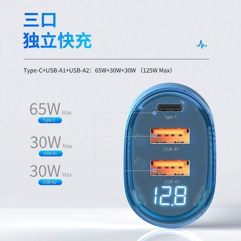 ESSAGER新品数显车载充电器三口125W汽车充电器PD65W超级快充