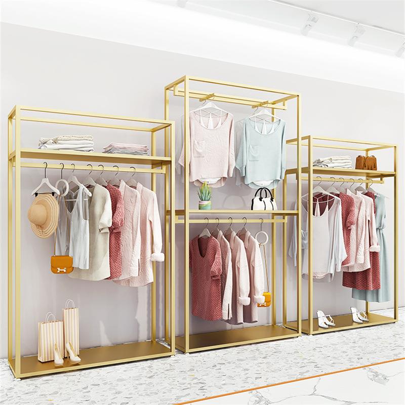 服装店展示架落地式高档女装店陈列货架铁艺架双层金色挂衣服架子
