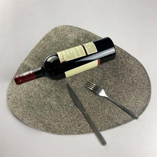 天然鼠灰色麻针马毛皮水滴型餐垫带油边