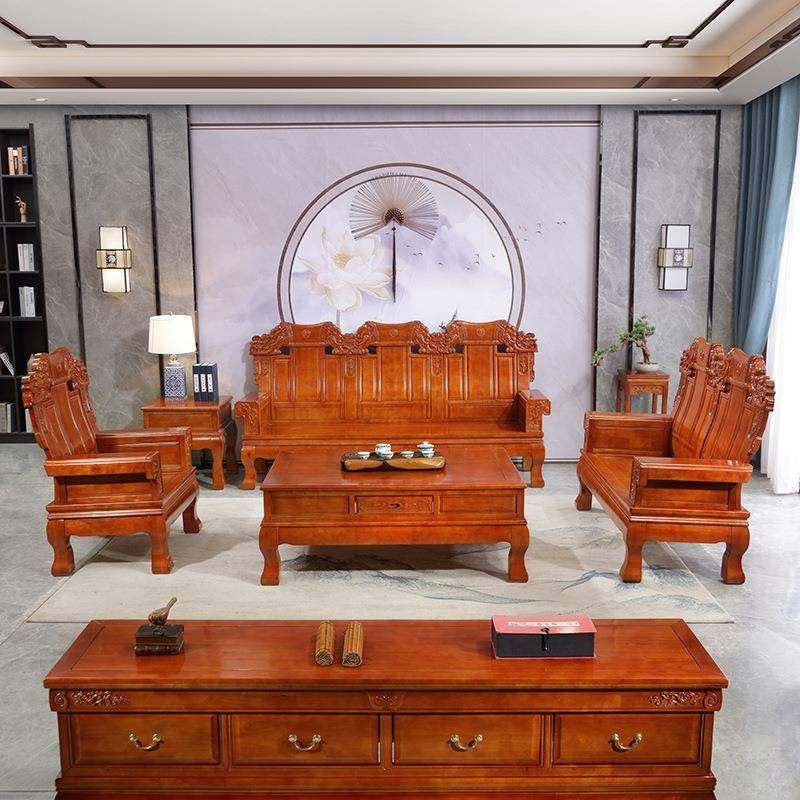 中式实木沙发组合橡木雕花大客厅农村别墅家用大款全实木仿古沙发