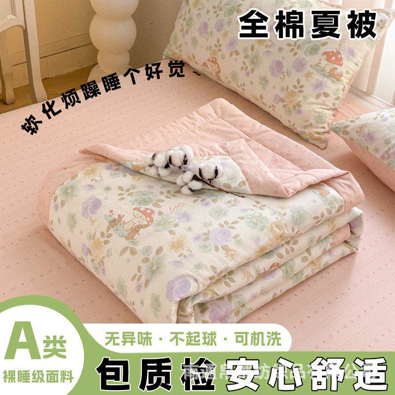 夏季新款小清新全棉印花夏凉被四件套可机洗纯棉空调被薄被子