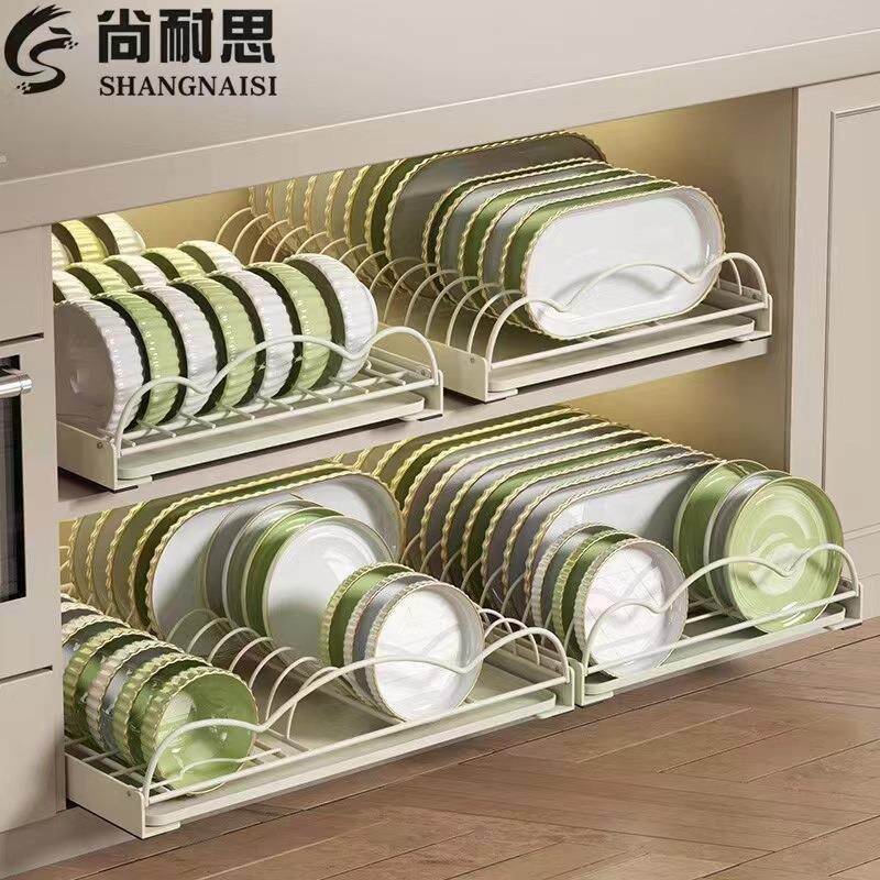 厨房橱柜沥水拉篮碗碟盘抽拉置物架抽屉式免安装收纳架新款奶油风