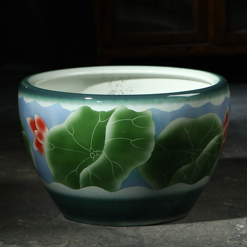 景德镇手绘特大号客厅陶瓷鱼缸养金鱼缸乌龟缸睡莲盆碗莲缸荷花缸