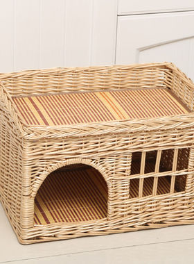 秋季藤编猫窝四季通用耐磨耐抓可拆洗实木猫床防潮多层大空间猫房