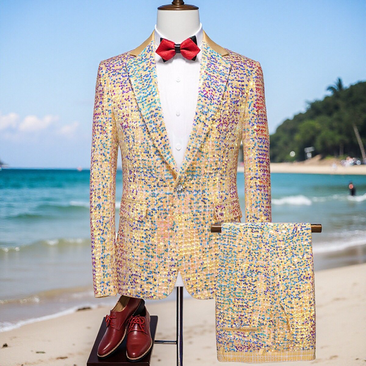 秋季男式宴会歌手西服套装闪亮片花主持人礼服舞台表演西装两件套