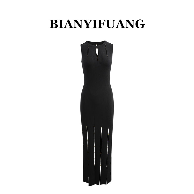 BIANYIFUANG26新款镂空开叉条纹流苏边金珠收腰无袖显瘦连衣裙女