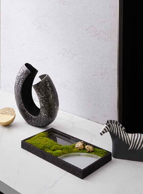 新中式蟾蜍摆件大理石洞石托盘设计师花瓶u形花器黑白陶瓷马装饰