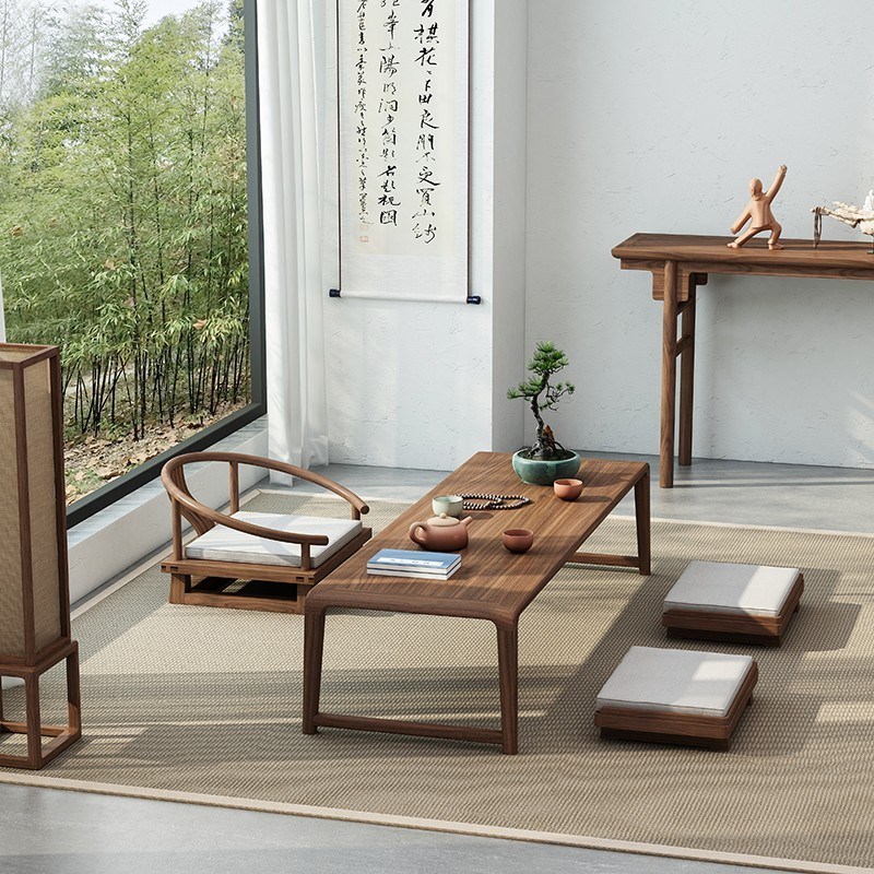 包邮榆木新中式禅意榻榻米茶桌日式茶几实木飘窗书桌阳台小矮桌椅