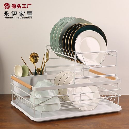 简易厨房台面碗筷木柄沥水架碗碟置物架家用双层放盘子餐具收纳架