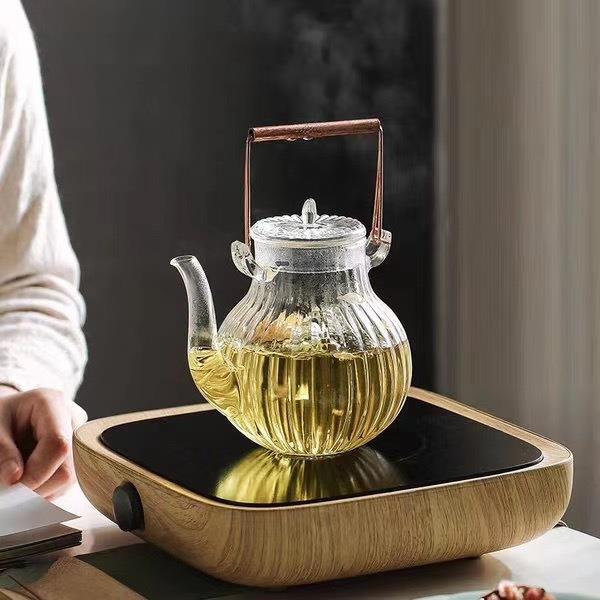 菊瓣纹耐热玻璃茶壶电陶炉围炉煮茶烤茶器铜把提梁壶水壶功夫茶具
