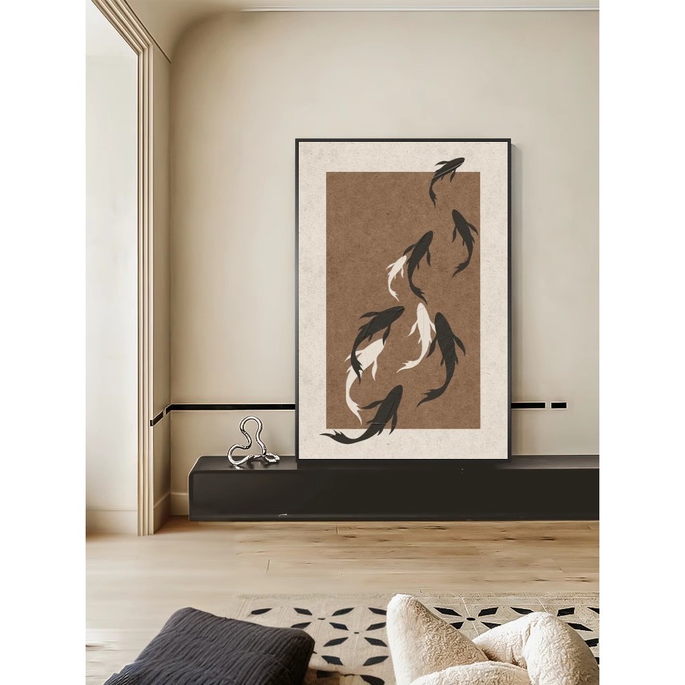 中古风客厅装饰画九鱼图玄关过道走廊高级感壁画艺术书房卧室挂画