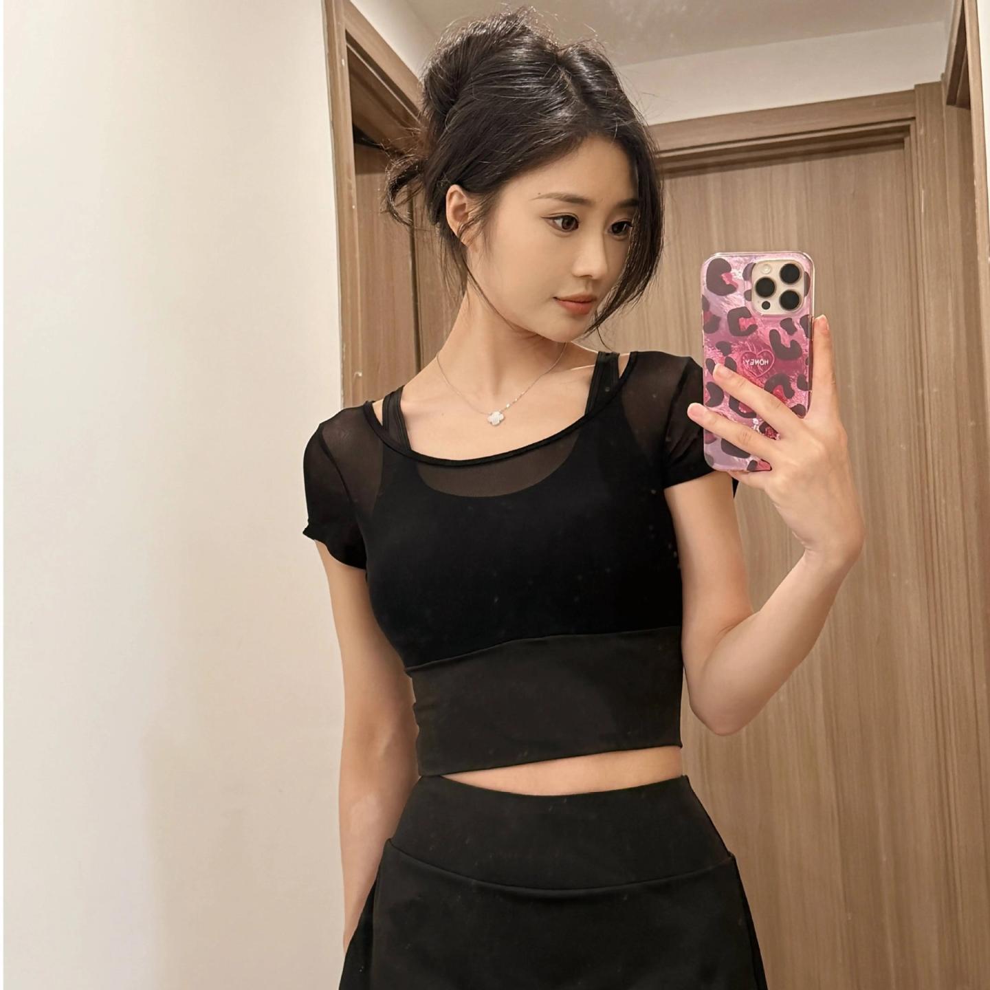 夏季新款假俩件网纱瑜伽服运动