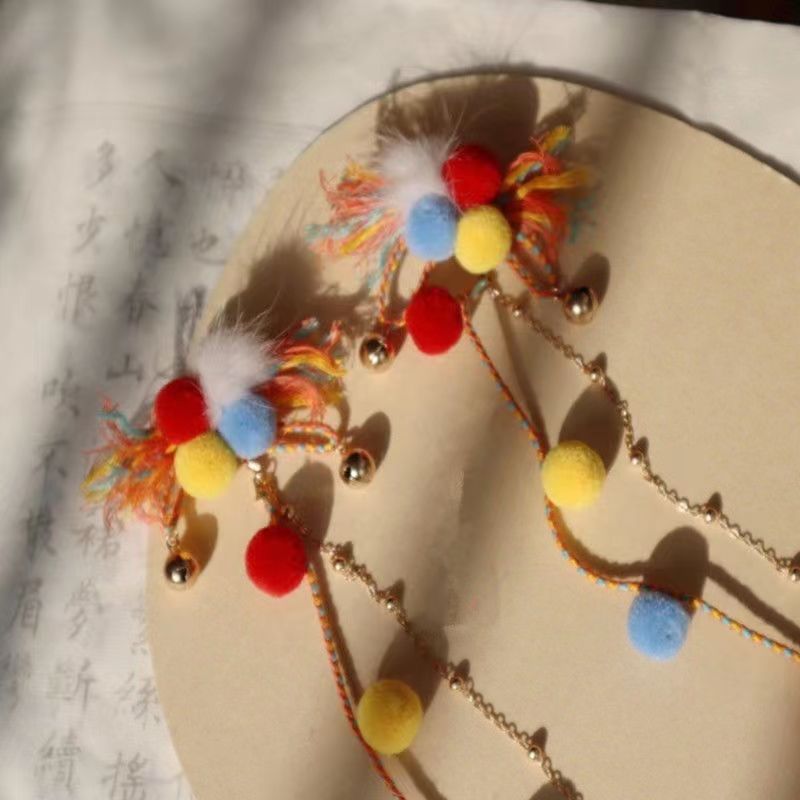 彩色毛球长流苏发夹对夹古风汉服