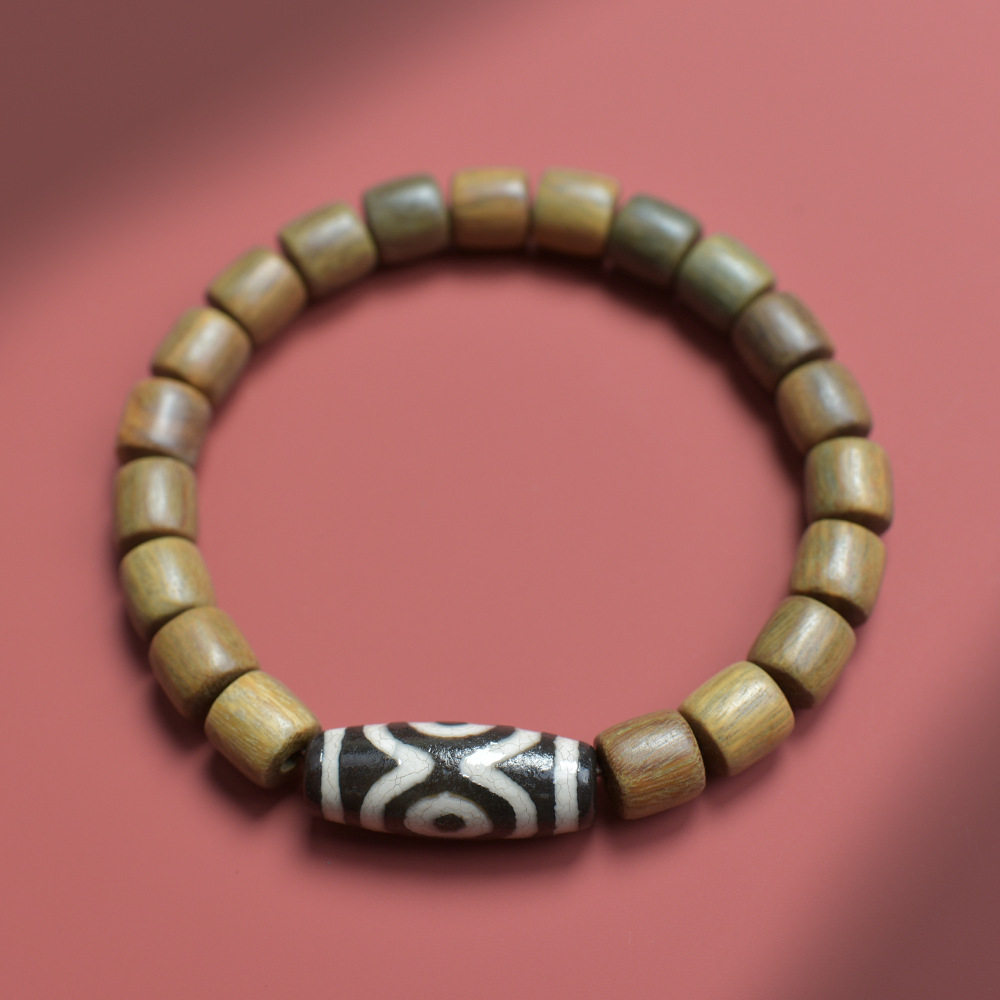 Natural Green Sandalwood Nine-Eyed Dzi Bead Circle Bracelet for Women's Zodiac Year Rosewood Wooden Buddha Beads Cultural Toy Bracelet