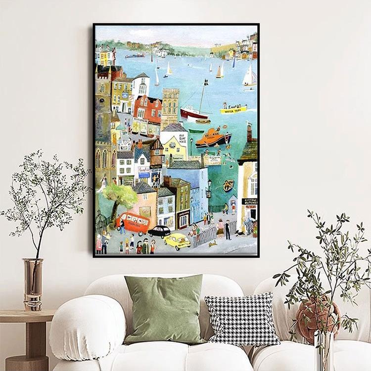 斯堪的纳维亚客厅男孩女孩儿童房床边油画壁画喷绘入口温馨卡通风