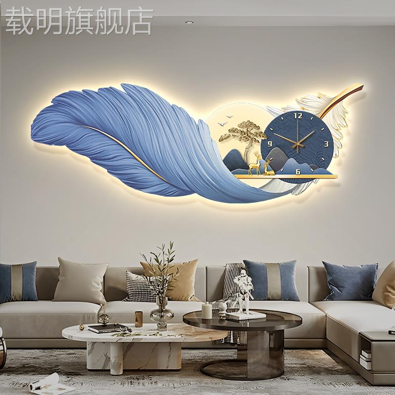 羽毛餐厅装饰画带钟表轻奢鹿挂画发光新中式客厅山水时钟led灯画图片
