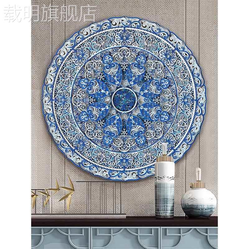 新中式高级感蓝色青花瓷圆形装饰画现代轻奢客厅玄关酒店民宿挂画图片