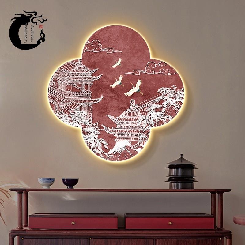 新中式琼楼玉宇玄关装饰画茶室走廊过道挂画客厅餐厅背景墙壁灯