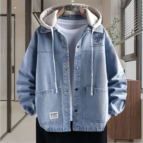 春季高级感牛仔衣服男外套2025新款初高中学生宽松连帽休闲夹克衫