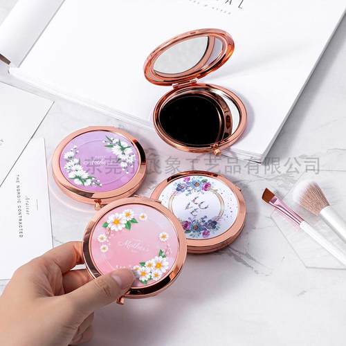 现货随身化妆镜祝福语生日礼品双面镜折叠玫瑰金镜彩印金属随身镜