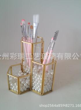 厂家供应几何玻璃花房 六边组合笔筒 美刷筒 办公及学生用笔筒